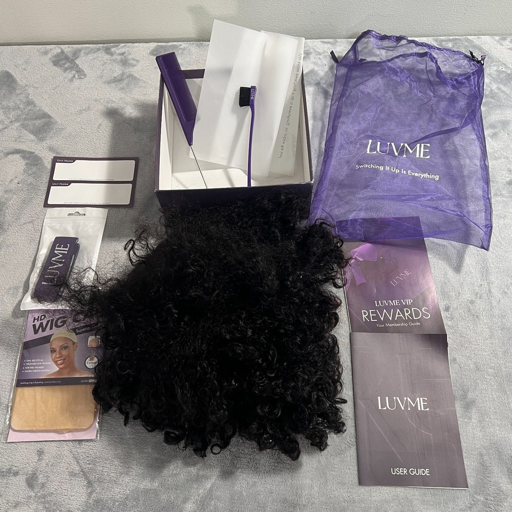 LUVME Human Hair Wig Curly Dark Brown Black With Accessories